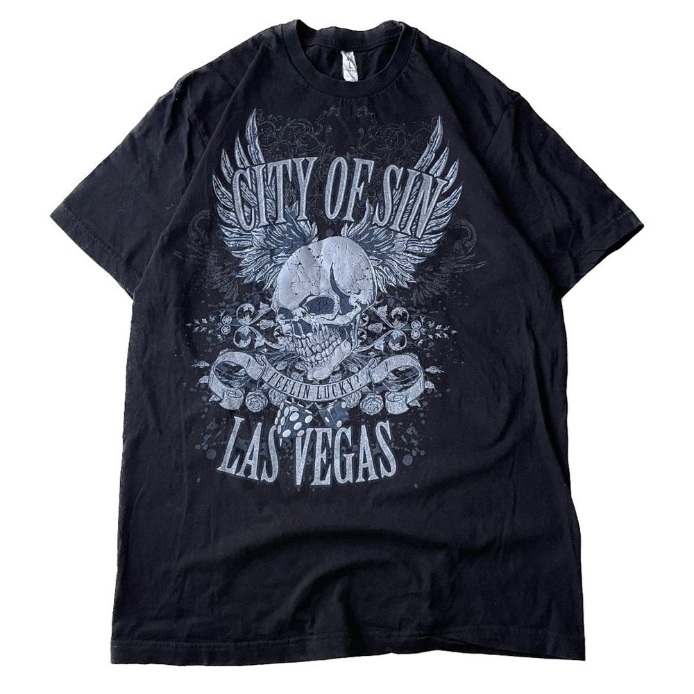 Vintage Y2K Las Vegas City of Sin T Shirt Size Large Black Grunge Skull EUC